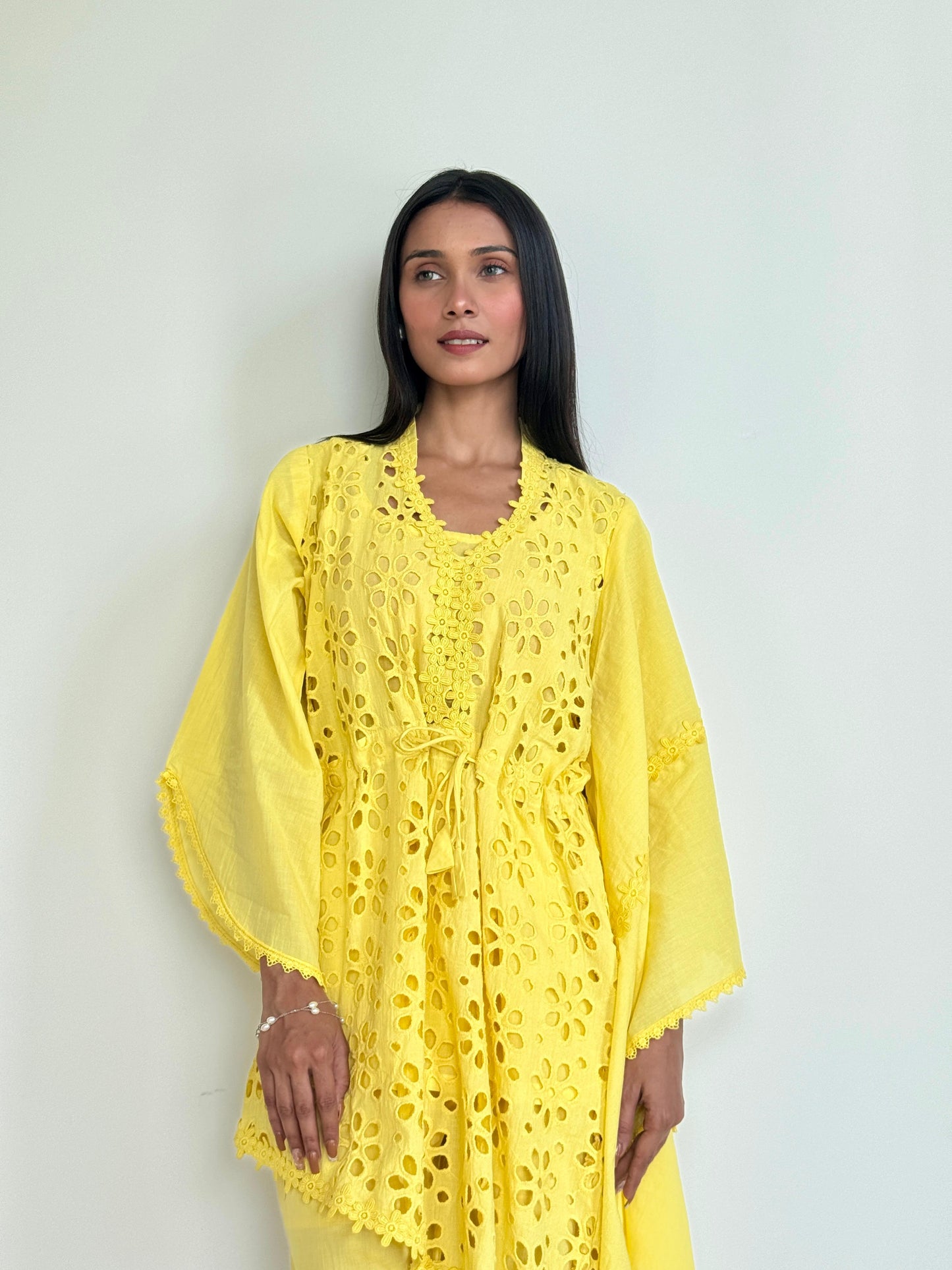 Yellow Schiffli Co-ord set with Asymmetrical Sleeves