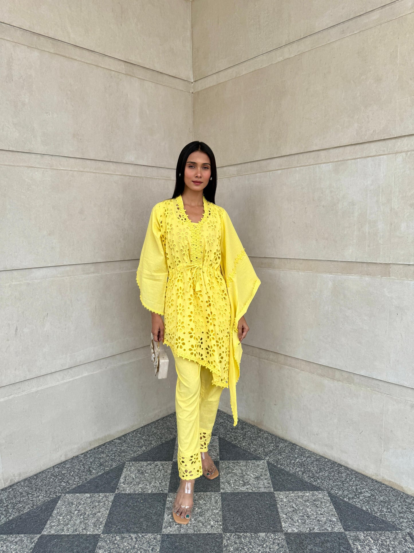 Yellow Schiffli Co-ord set with Asymmetrical Sleeves