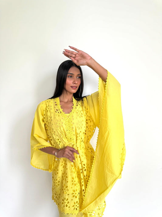 Yellow Schiffli Co-ord set with Asymmetrical Sleeves