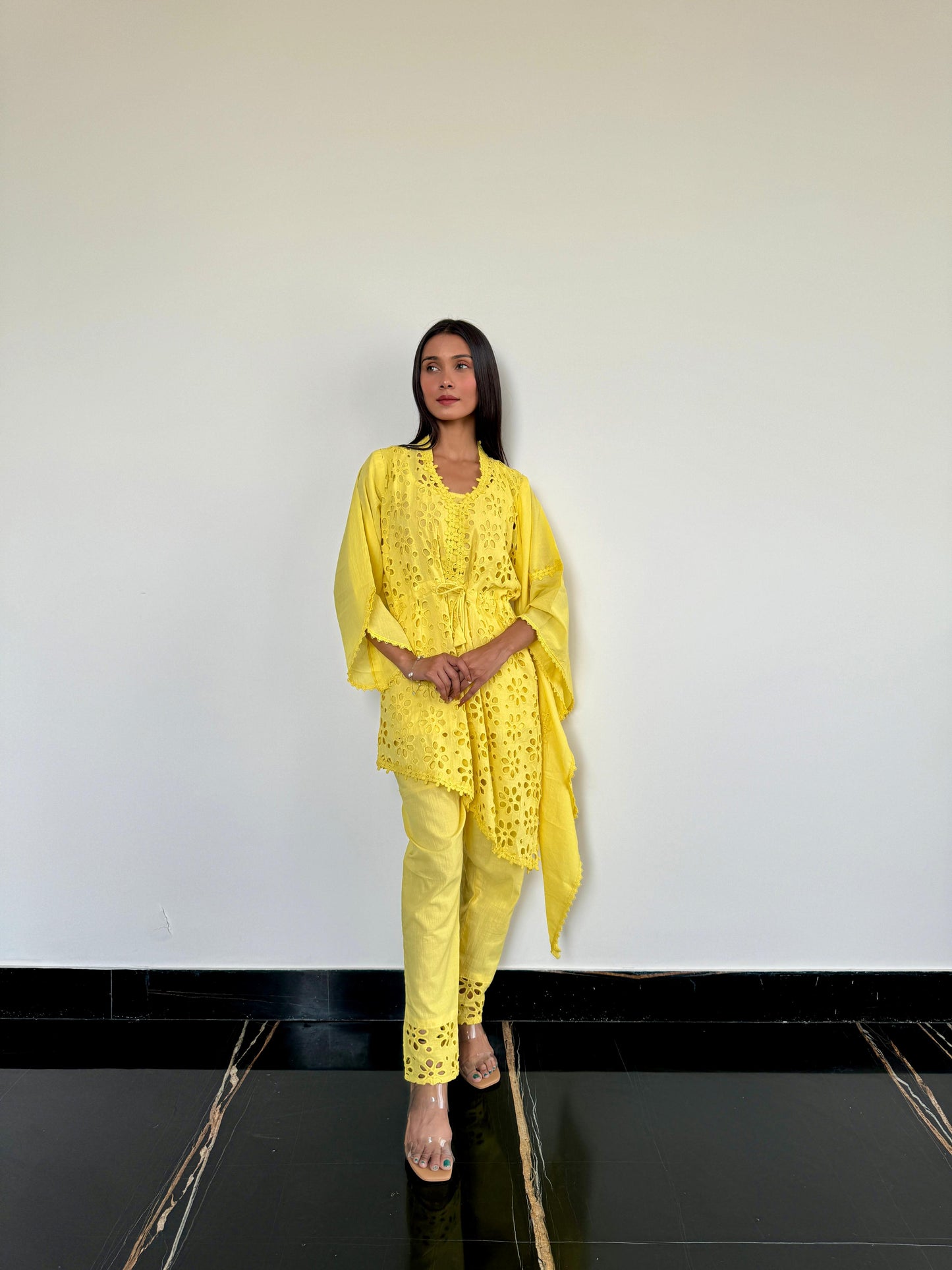 Yellow Schiffli Co-ord set with Asymmetrical Sleeves